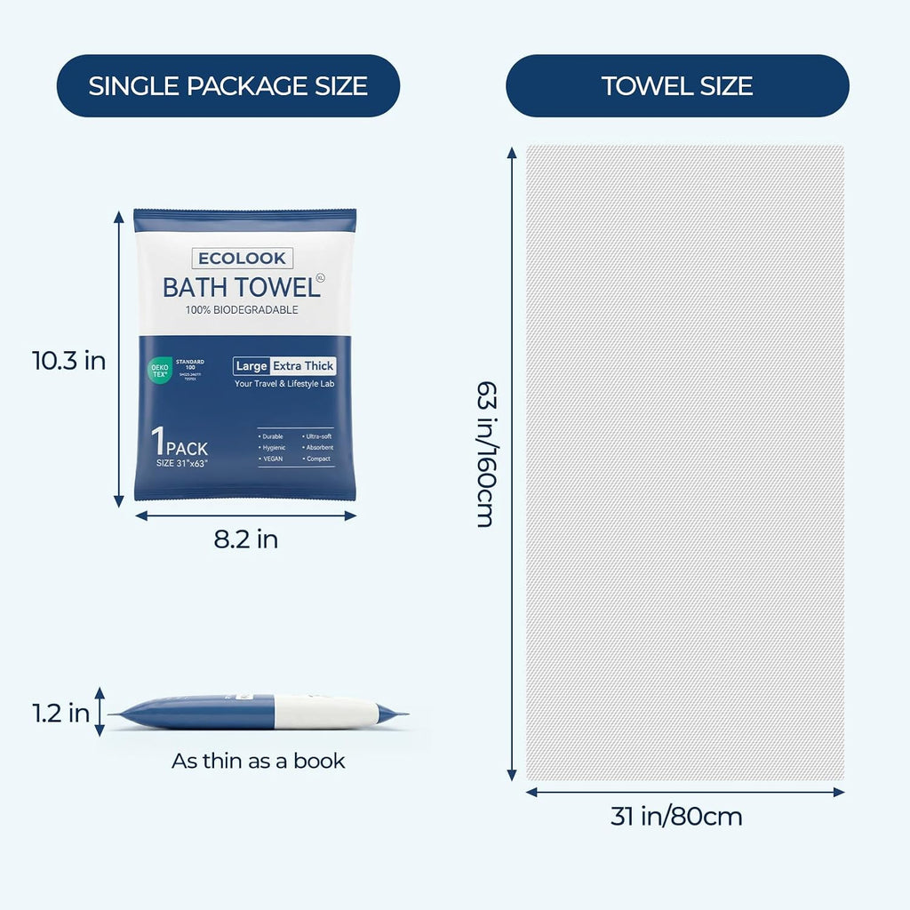 ecolook Disposable Bath Towels for Travel, 6-Pack Extra Large 31"x63", 100GSM Plant Fiber, Dual Texture Soft & Quick-Drying Disposable Towels for Hotel Camping Beach Swimming Gym Sauna Spa