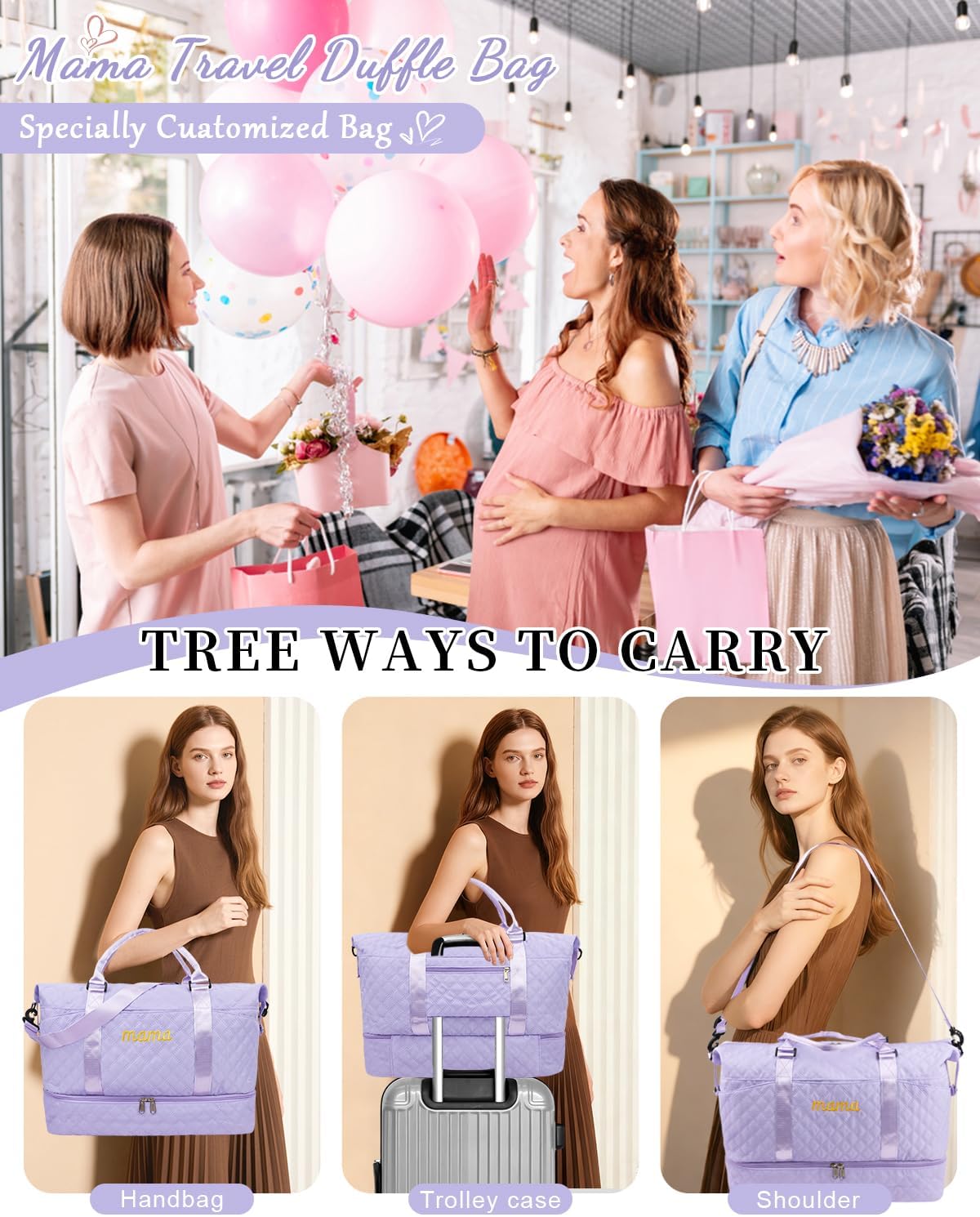 Mama Baby Pregnancy Hospital Bag Essentials for Women Labor Delivery Diaper Organizer with Shoe Compartment,2 Waterproof Toiletry Pouch Travel Duffle Bag for Mommy Weekender Overnight Gym Gifts,Purple