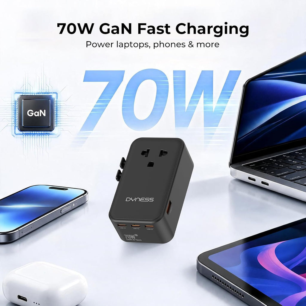 Dyness Universal Travel Adapter, 70W GaN Ultra-Slim, 4 USB Ports, AC Outlet