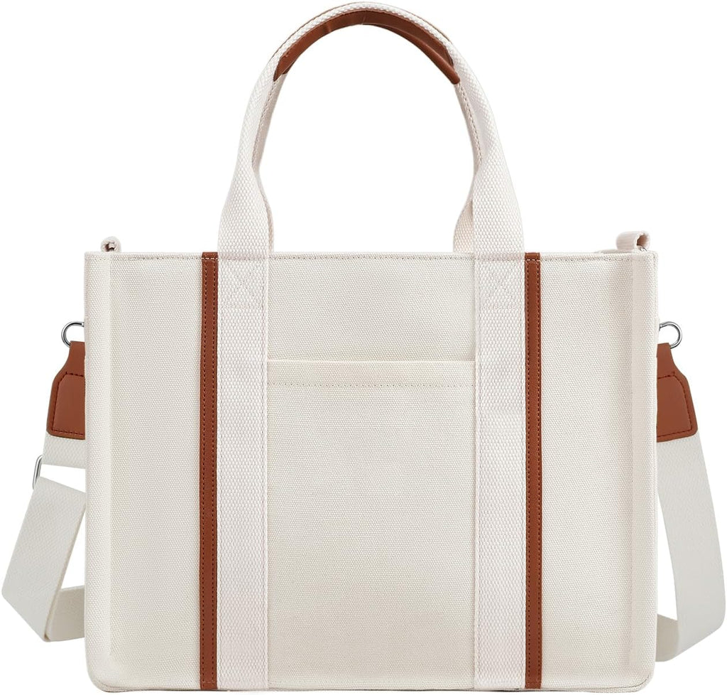 FIORETTO Women’s Canvas Tote Bag Purse with Zipper, Multi Compartment & Reinforced Bottom, Ideal for Work, Bible, Travel