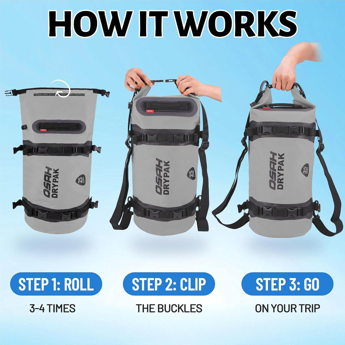 OSAH DRYPAK 25L Waterproof Dry Bag - Motorcycle Luggage Tail Bag with Straps for Back Seat, Roll Top Lightweight Waterproof Backpack Sack for Travel, Swimming, Boating, Kayaking, Camping and Beach