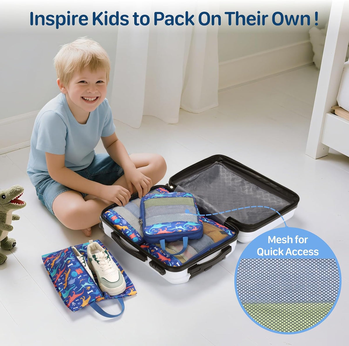 Kids Compression Packing Cubes - 4 PCS Sets, Blue Dinosaur