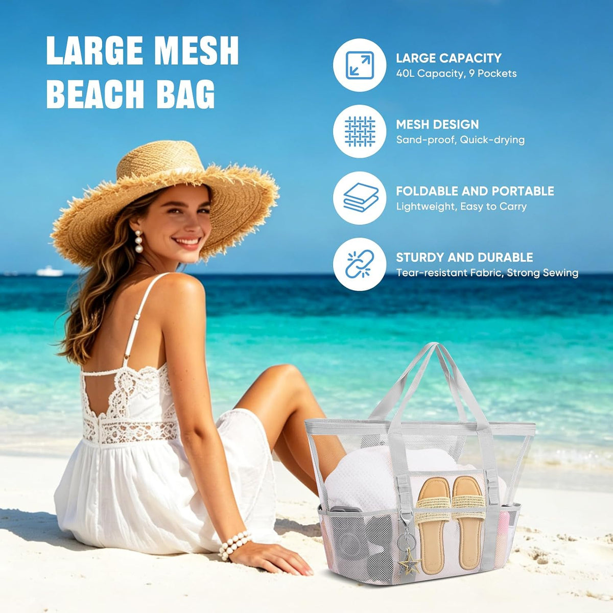Large Mesh Beach Bag for Women, Sandproof 9-Pocket Beach Tote Bag, Quick-Drying Pool Bag for Travel Vacation