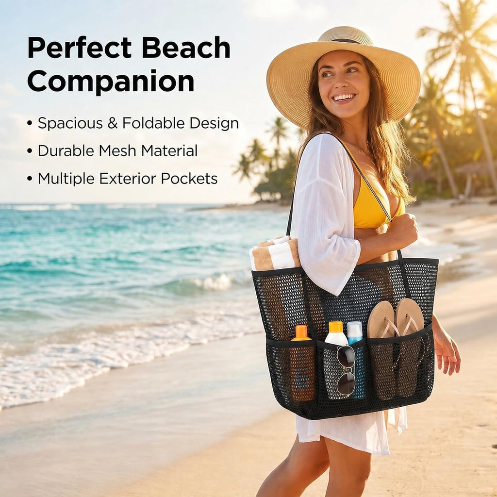 Black Foldable Mesh Beach Tote, 5-Pocket Sand-Proof Travel Bag