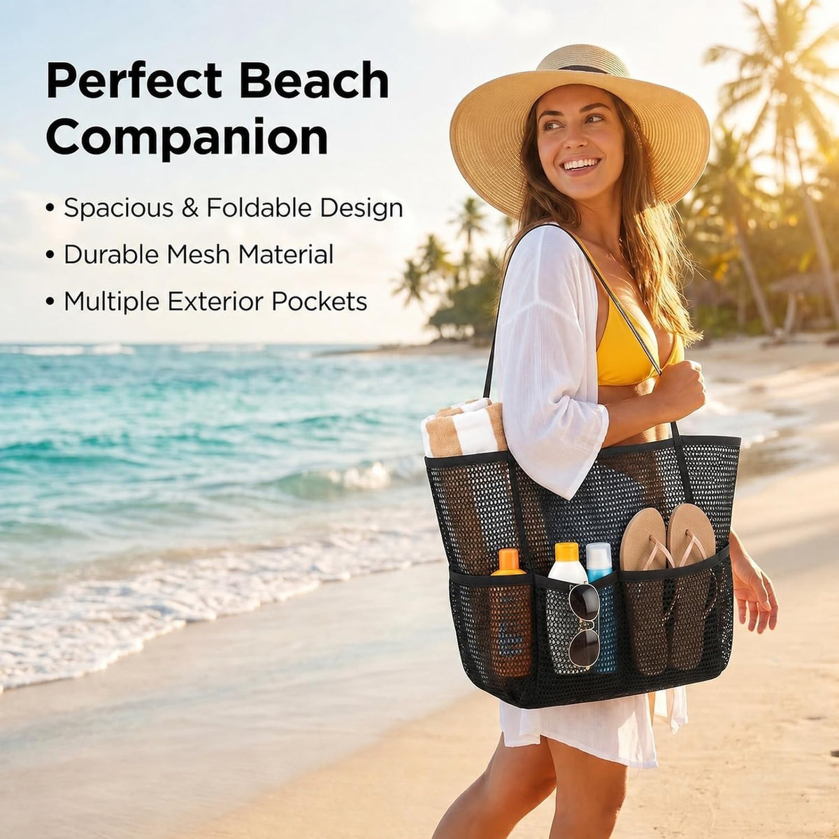 Black Foldable Mesh Beach Tote, 5-Pocket Sand-Proof Travel Bag