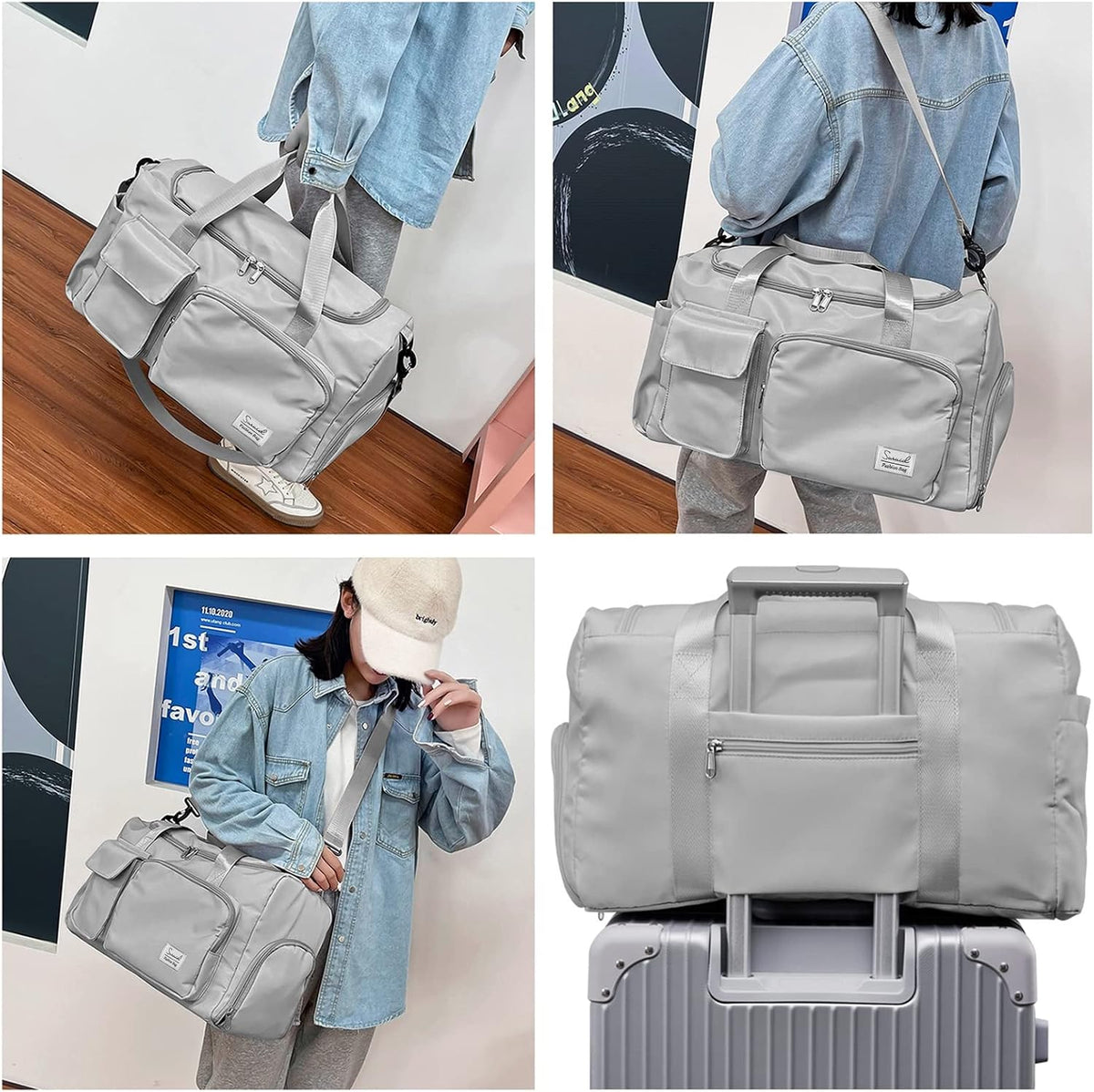 Suruid Gym Bag with Shoe Compartment, Sports Duffle Bag for Women, Gray