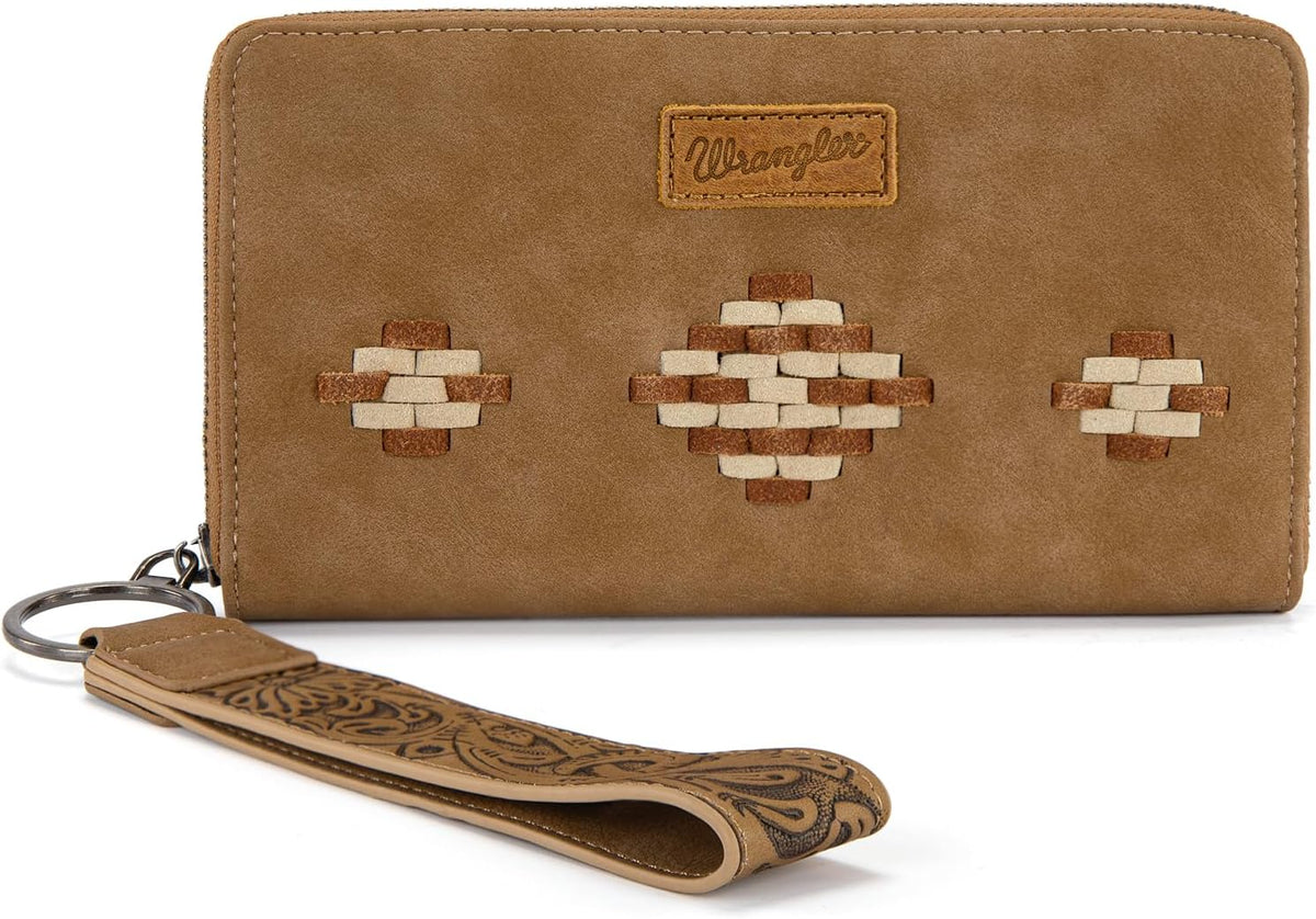 Wrangler Wristlet Wallet, Women Clutch Purses RFID Blocking with Aztec Boho Western Wrist Strap, Wristlet Purse with Zipper Pocket Card Holder for Women Girls Casual Travel Daily, WG310-W006KH