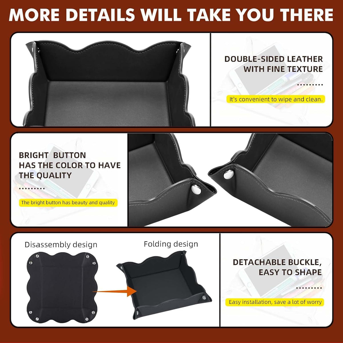 Valet Tray for Men Women - PU Leather Travel Catchall Tray Organizer - Desk Bedside Nightstand Storage Box for Jewelry Key Phone Remote Controller Wallet Watch Glasses Coin Readers -Black