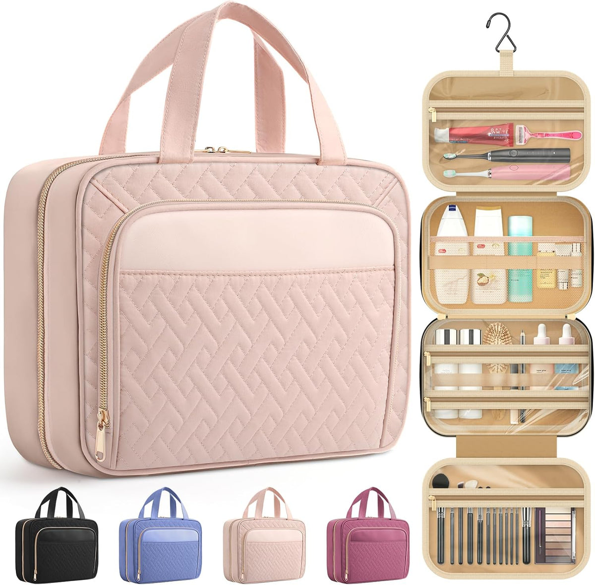 HOTOR Hanging Travel Toiletry Bag Women Men, Pale Pink, Large