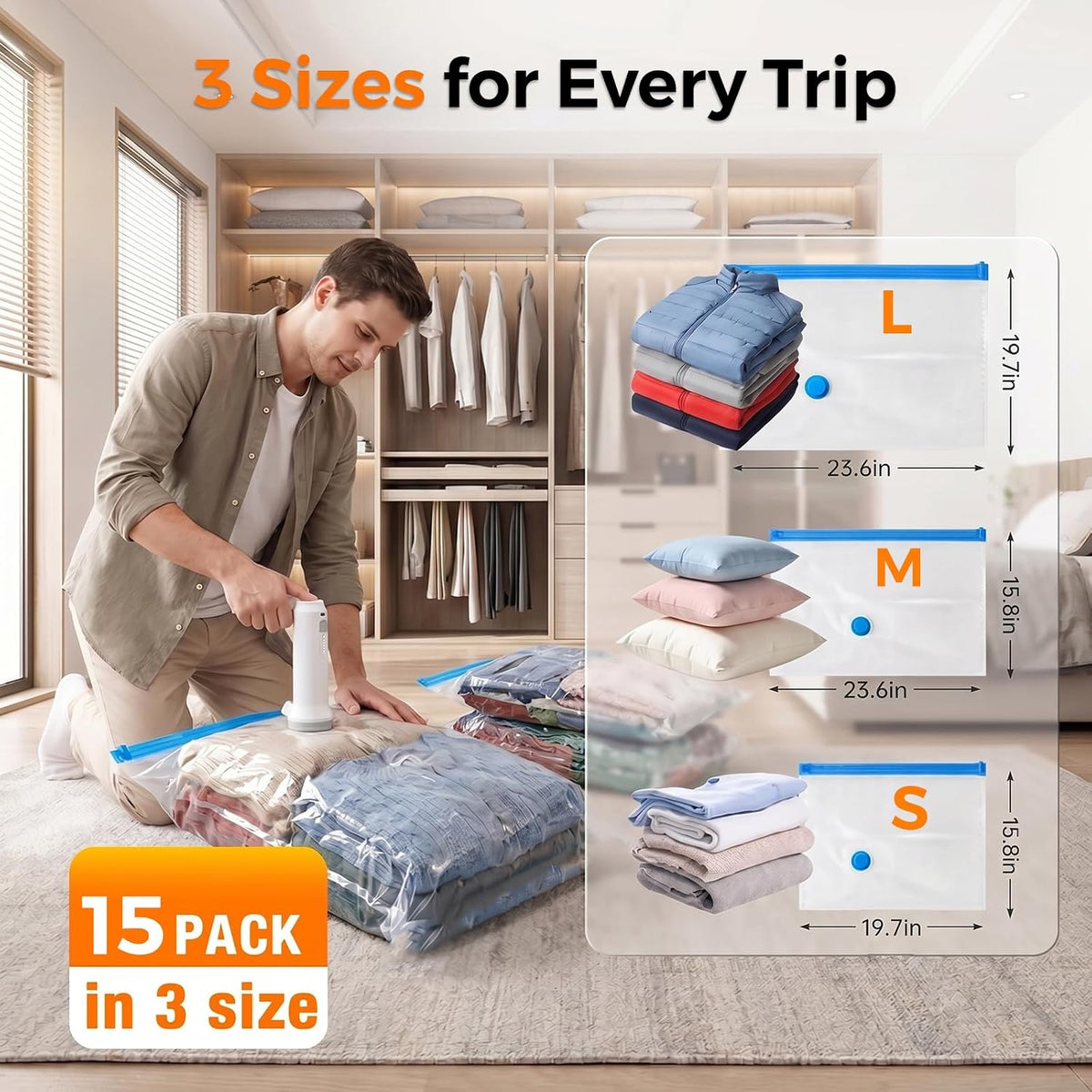 15 Pack Travel Vacuum Storage Bags with Rechargeable Cordless Pump, 3 Sizes