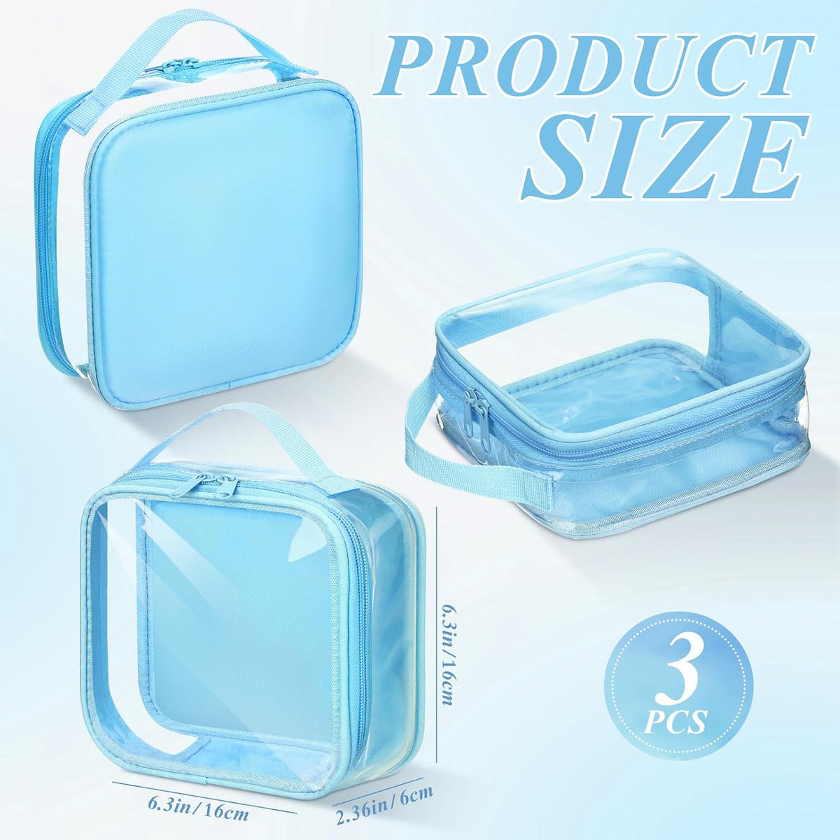 Abbylike 3 Pcs Small Toiletry Bags Reusable Quart Size Travel Liquid Pouch Single-sided Clear PVC Carry-on Organizer with Handle Cosmetic Bags for Airport Security Women Men(Light Blue)