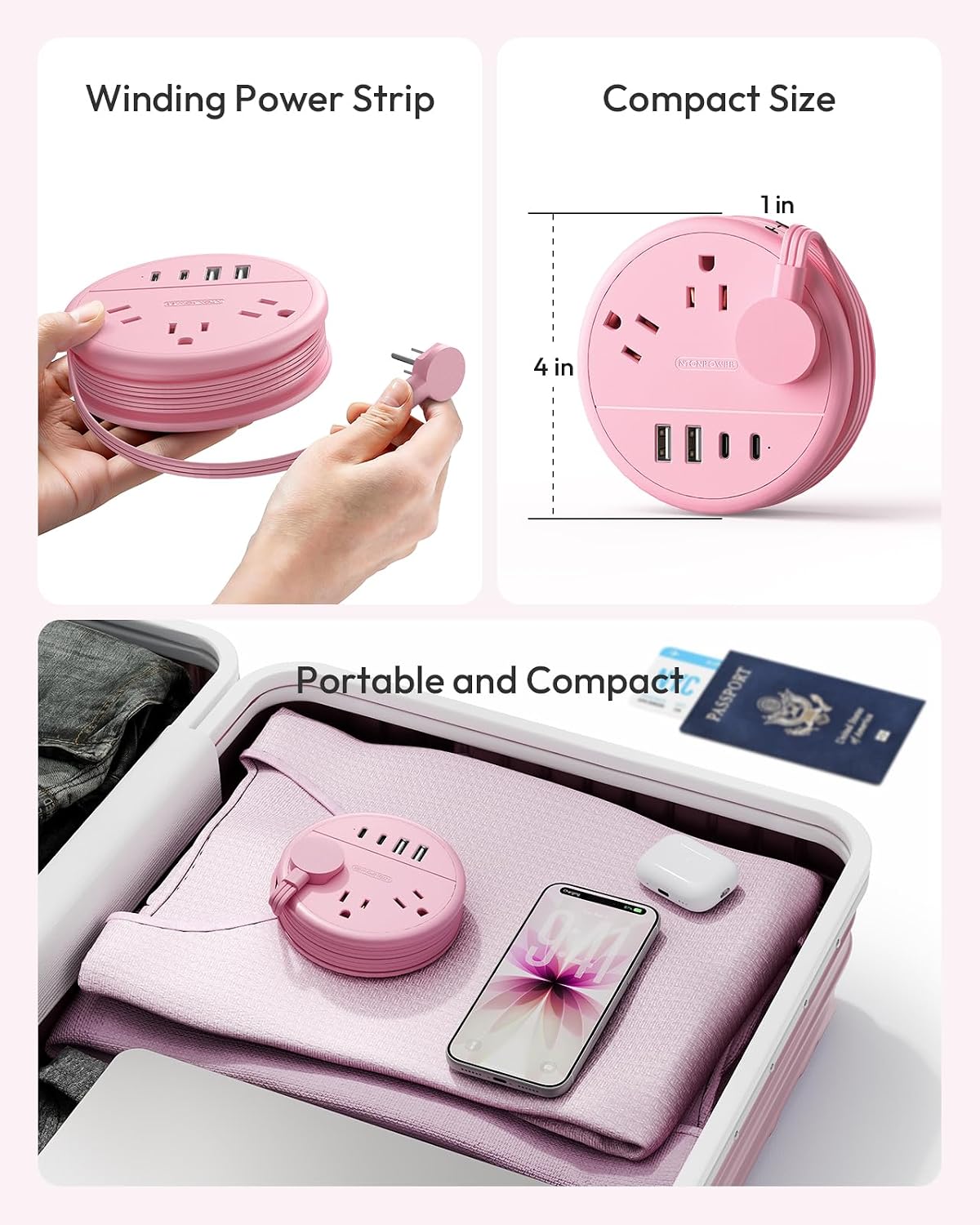 NTONPOWER Pink Travel Power Strip, Travel Essentials, Cruise Essentials 3 Outlets 4 USB Ports(2 USB C), 4FT Wrapped Around Extension Cord for Travel Cruise Ship Beach Vacation Essentials