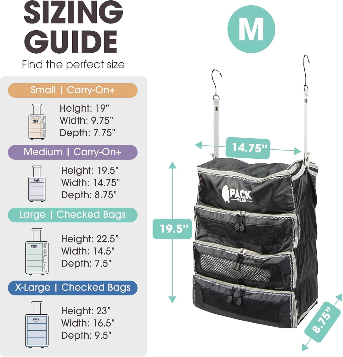 Pack Gear Medium Hanging Carry-On Organizer with Mesh Windows, Black