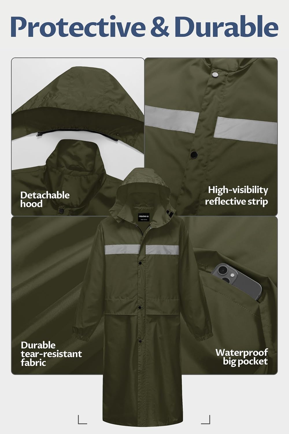 CREATMO US Men's Long Rain Coat Waterproof Packable Rain Jacket Outdoor Lightweight Windbreaker with Hood