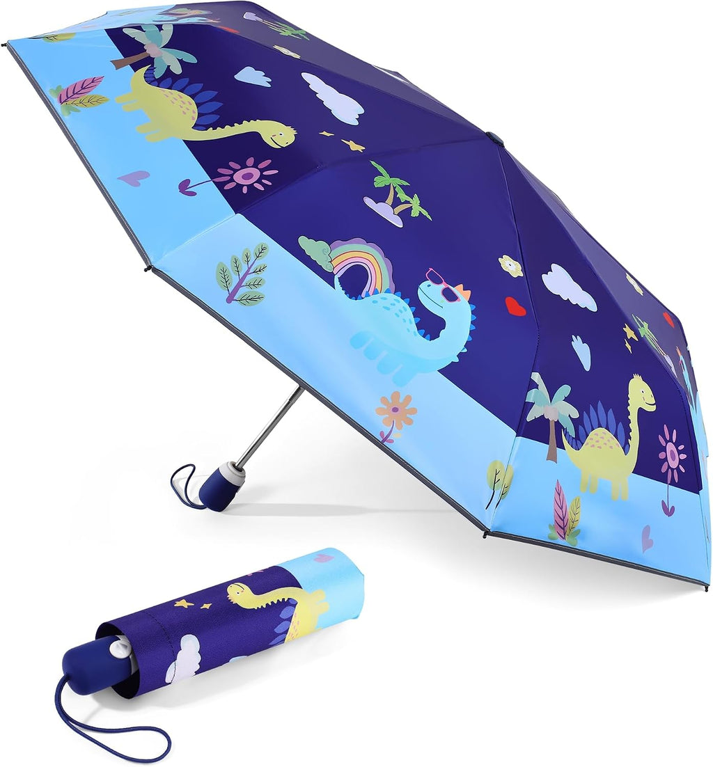 Kids Umbrella for Girls & Boys, Foldable Telescopic Cute Umbrella for Toddler with Auto Open/Close , Anti-UV Safe Design Children Travel Umbrellas 360° Reflective Strip, Compact & Lightweight & Durable Brolly