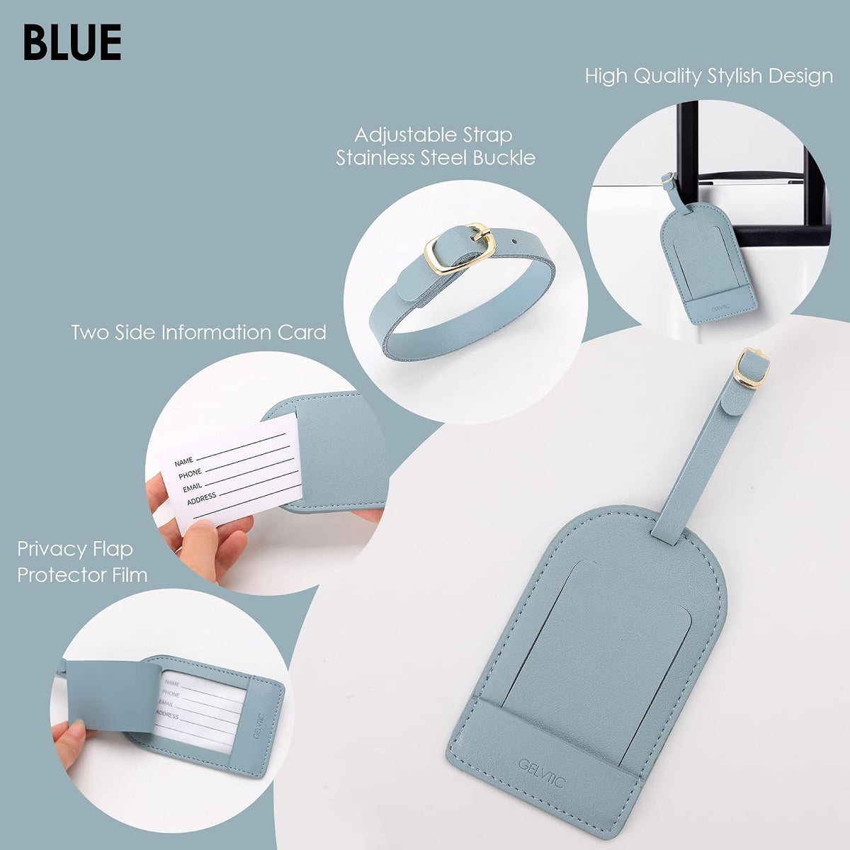 Faux Leather Luggage Tags for Suitcase Tag Set Privacy Protection with Identifie Name Lable ID Card Baggage tag for Men Women Travel Accessories, 2/4 Pack (LT06-Black*2+Sky Blue*2)