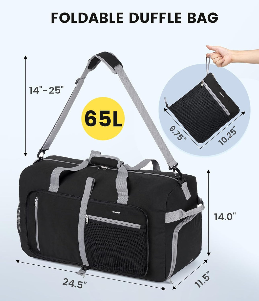 Vorspack 65L Foldable Duffle Bag for Travel with Shoe Compartment, Black