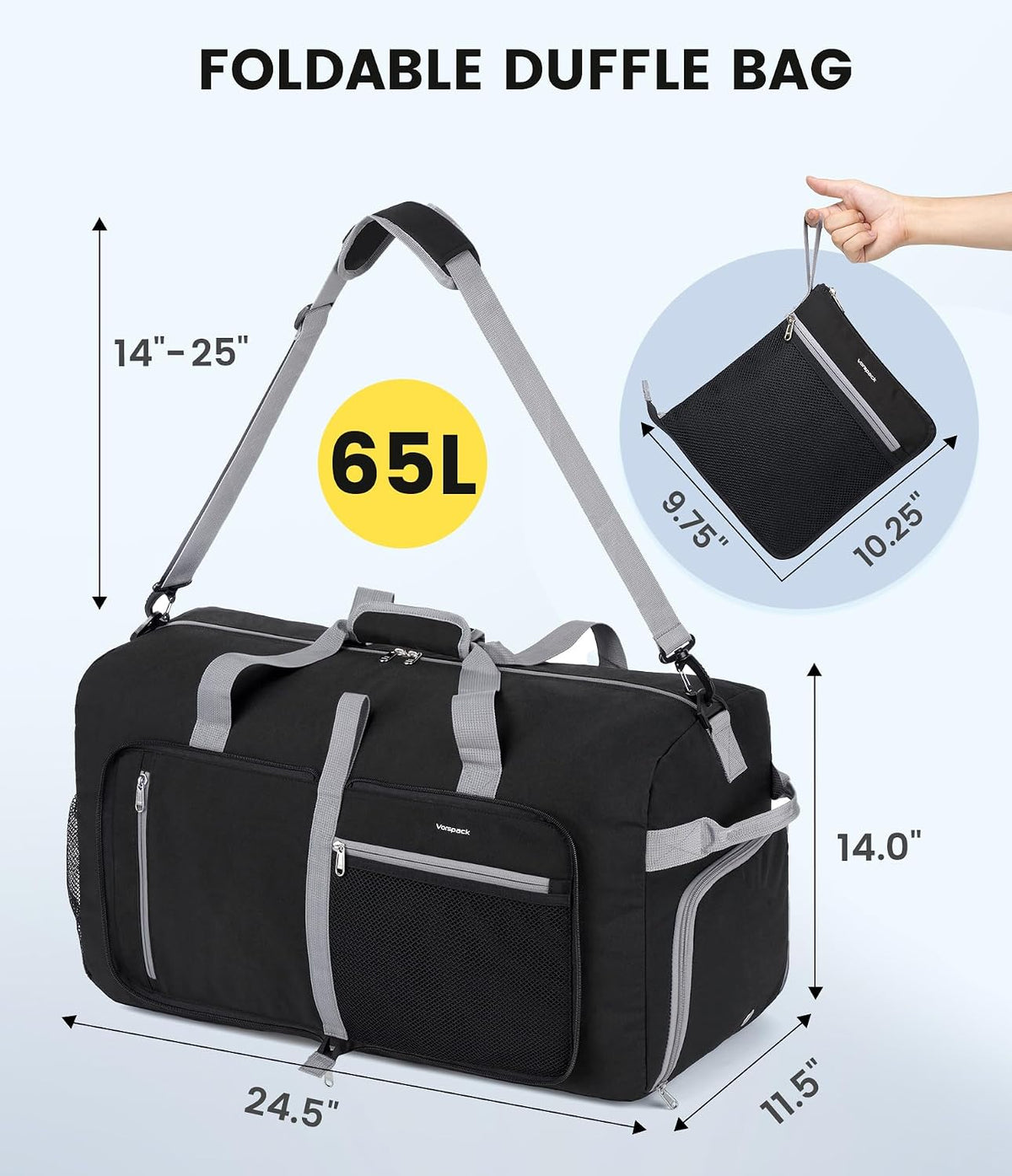 Vorspack 65L Foldable Duffle Bag for Travel with Shoe Compartment, Black