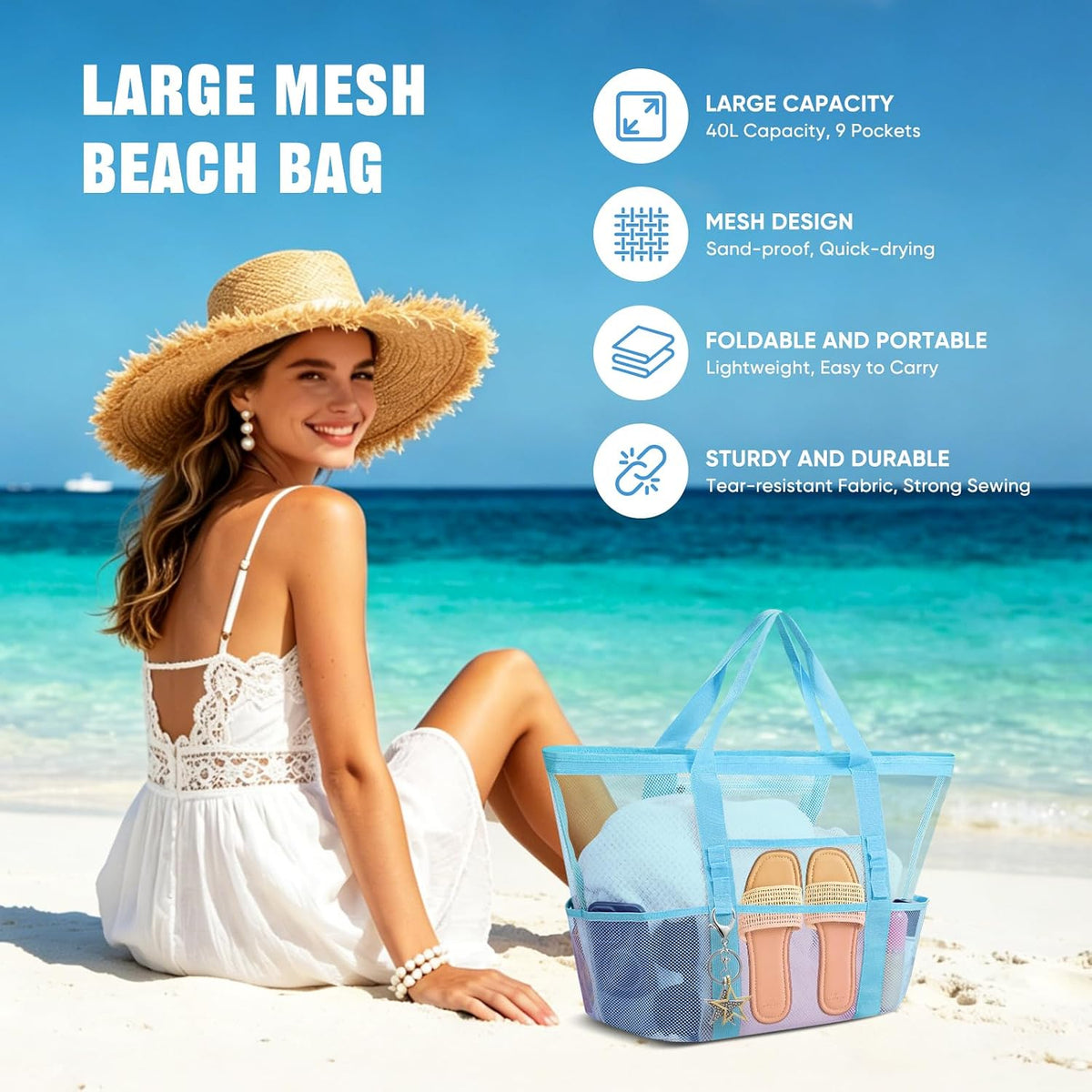 Large Mesh Beach Bag for Women, Sandproof 9-Pocket Beach Tote Bag, Quick-Drying Pool Bag for Travel Vacation