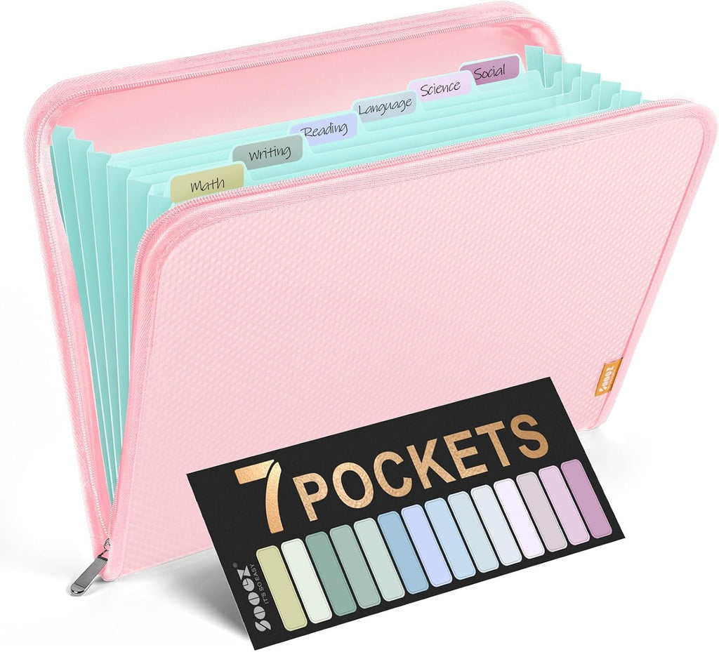 Sooez 7 Pockets Accordion File Organizer, Zipper Expanding File Folder A4