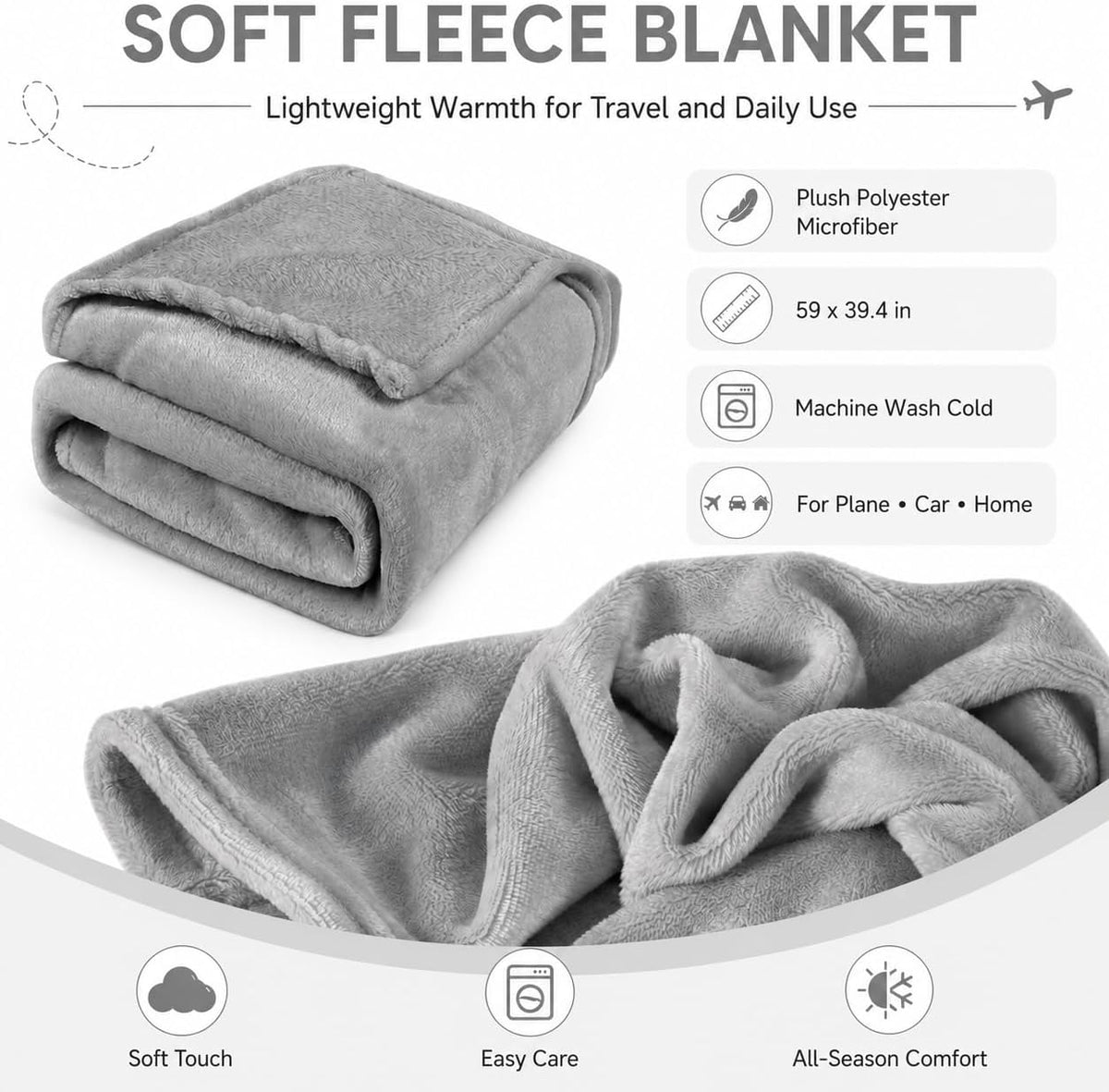 Travel Blanket and Pillow Set - Hooded Neck Pillow Airplane Essentials Grey
