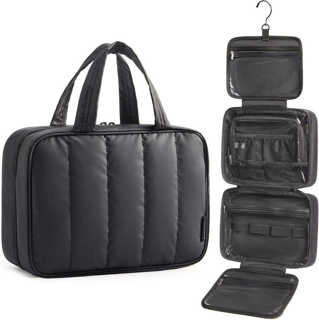 BAGSMART Travel Toiletry Bag for women, Portable Hanging Hook Makeup Bag Organizer, Waterproof Makeup Cosmetic Bag, for Full-Size Accessories, Toiletries,Black
