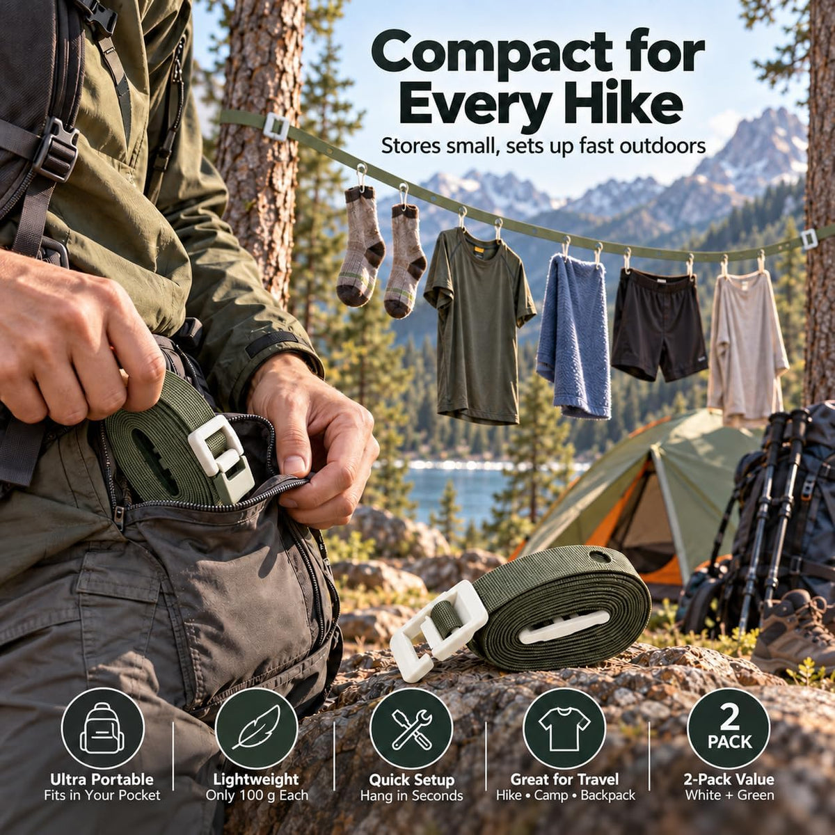 2 Pack Adjustable Portable Travel Clothesline with Buckle