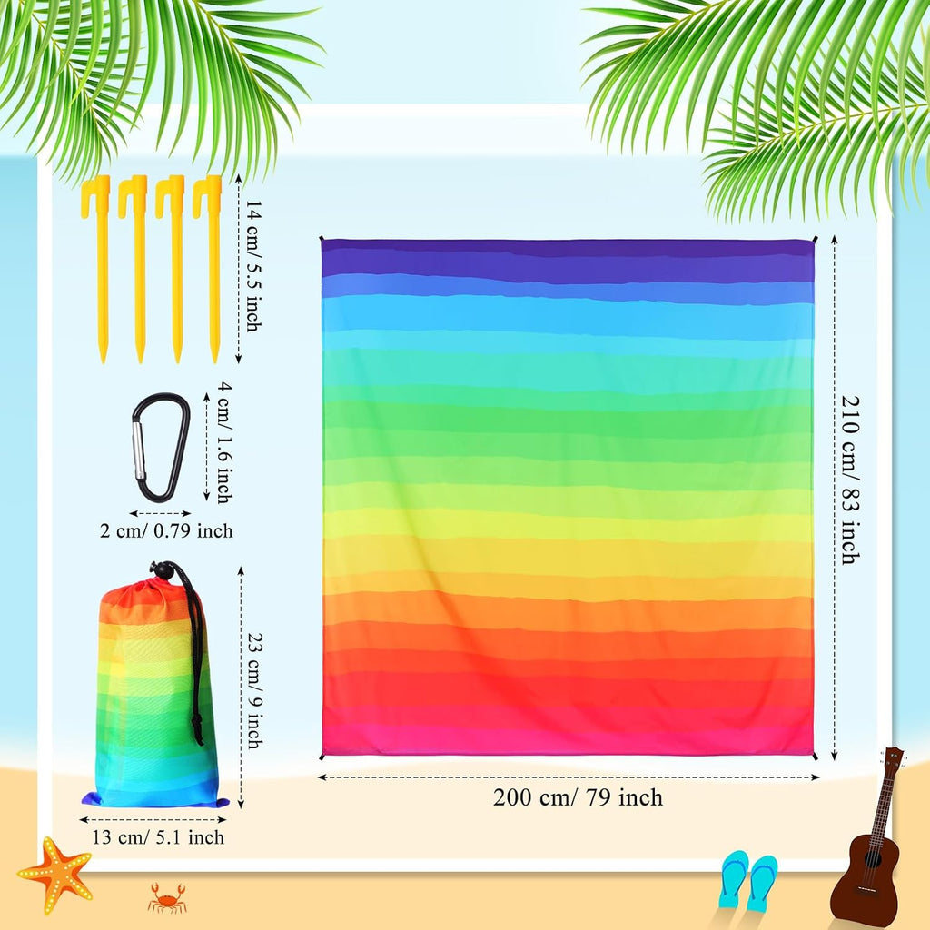 HunnmingRe 83"x 79" Rainbow Beach Blanket Large Waterproof Sandproof Beach Mat with Stakes & Pockets for 1-5 Adults, Quick Drying Outdoor Polyester Picnic Mat Accessories for Travel, Camping