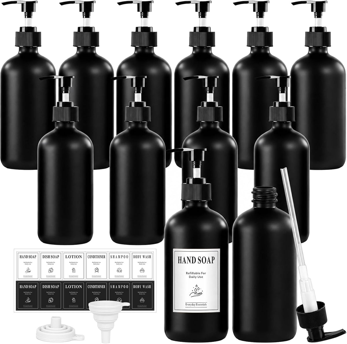 TBWIND 12 Pack 16oz Black Glass Soap Dispensers with Pump