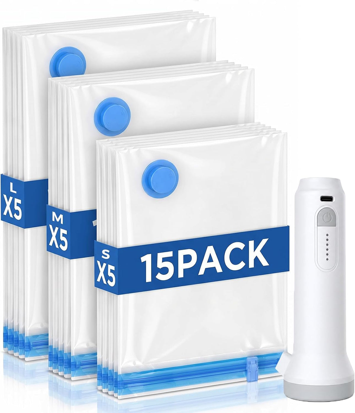 15 Pack Travel Vacuum Storage Bags with Rechargeable Cordless Pump, 3 Sizes
