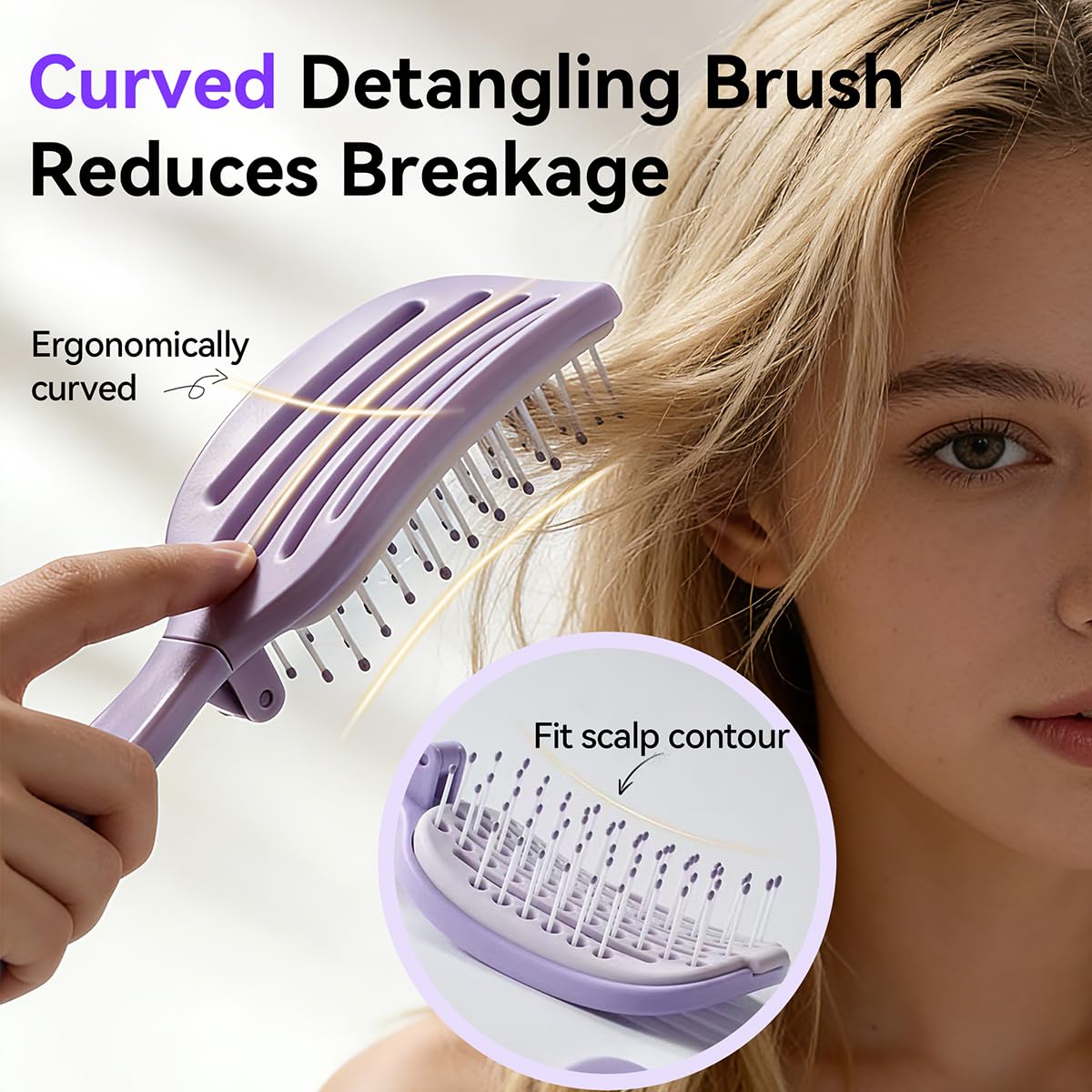 Self‑Cleaning Hair Brush, Curved Vented Detangler, Foldable Travel Purple