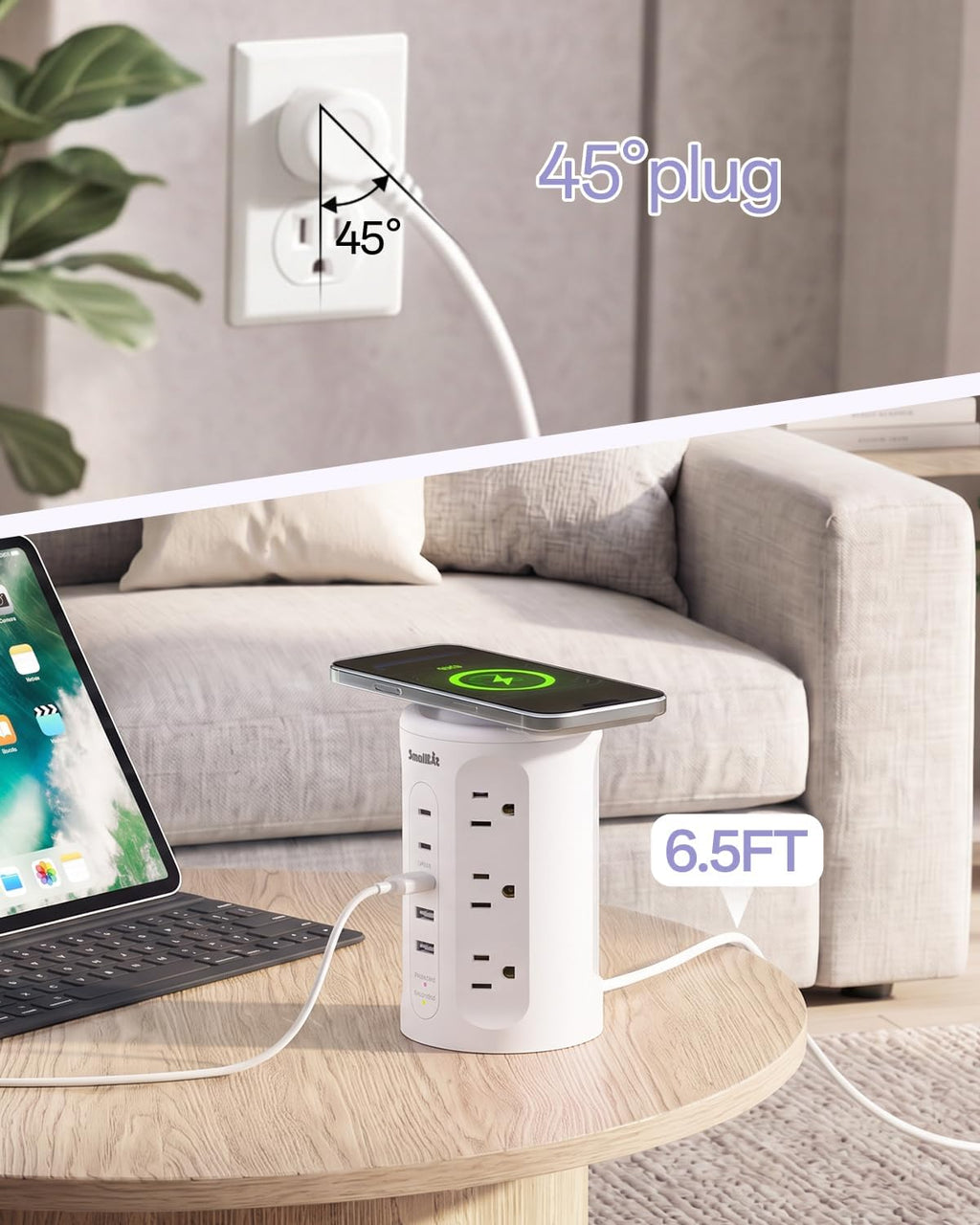 Power Strip with USB Ports,Extension Cord with Multiple Outlets (12AC+3A+2C), 6.5 FT Desk White Power Strip Tower Charging Station for Home, Office, College Dorm Essentials