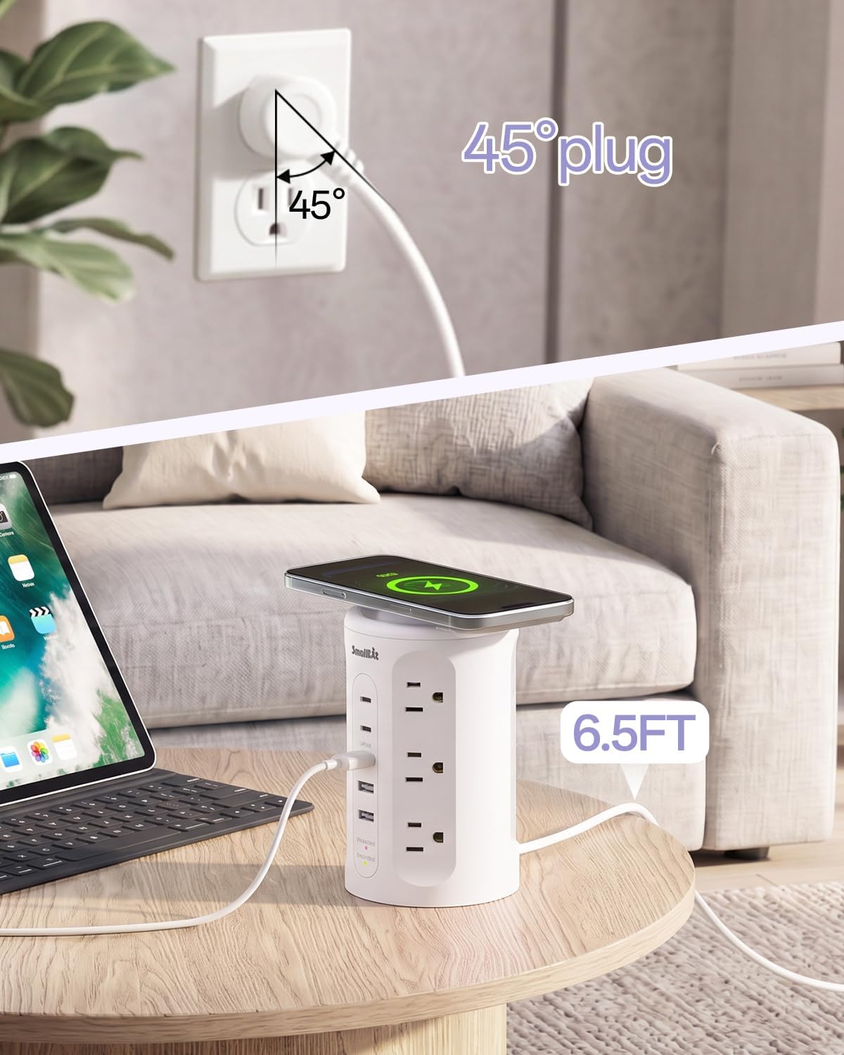 Power Strip with USB Ports,Extension Cord with Multiple Outlets (12AC+3A+2C), 6.5 FT Desk White Power Strip Tower Charging Station for Home, Office, College Dorm Essentials