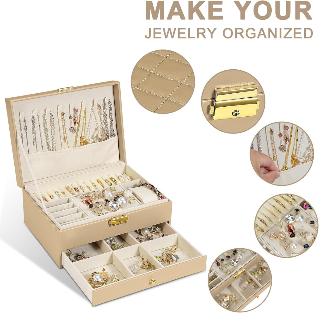 GUOER Jewelry Box for Women Girls, Two Layers Jewelry Organizer (Champagne)