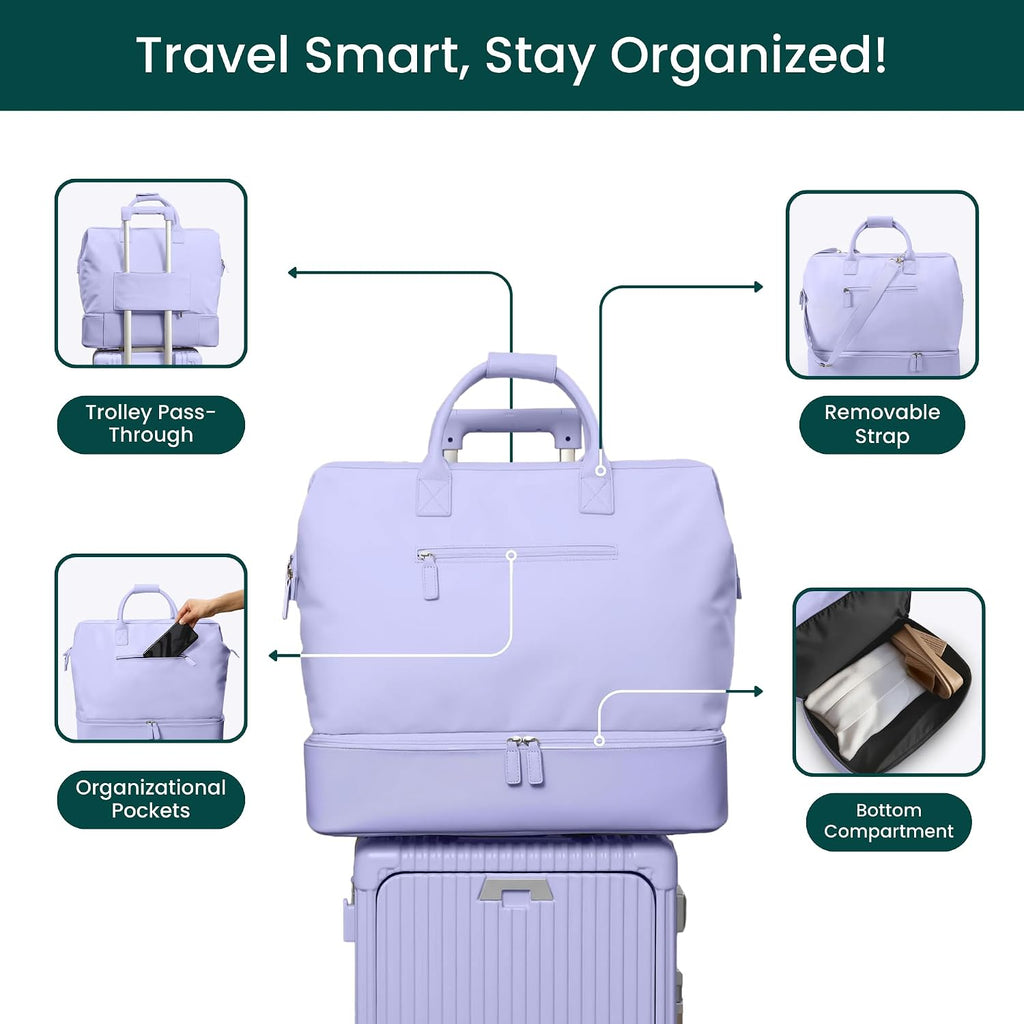 Nobl Travel Weekender Bag for Women & Men, Large Carry-On Duffel, Lavender