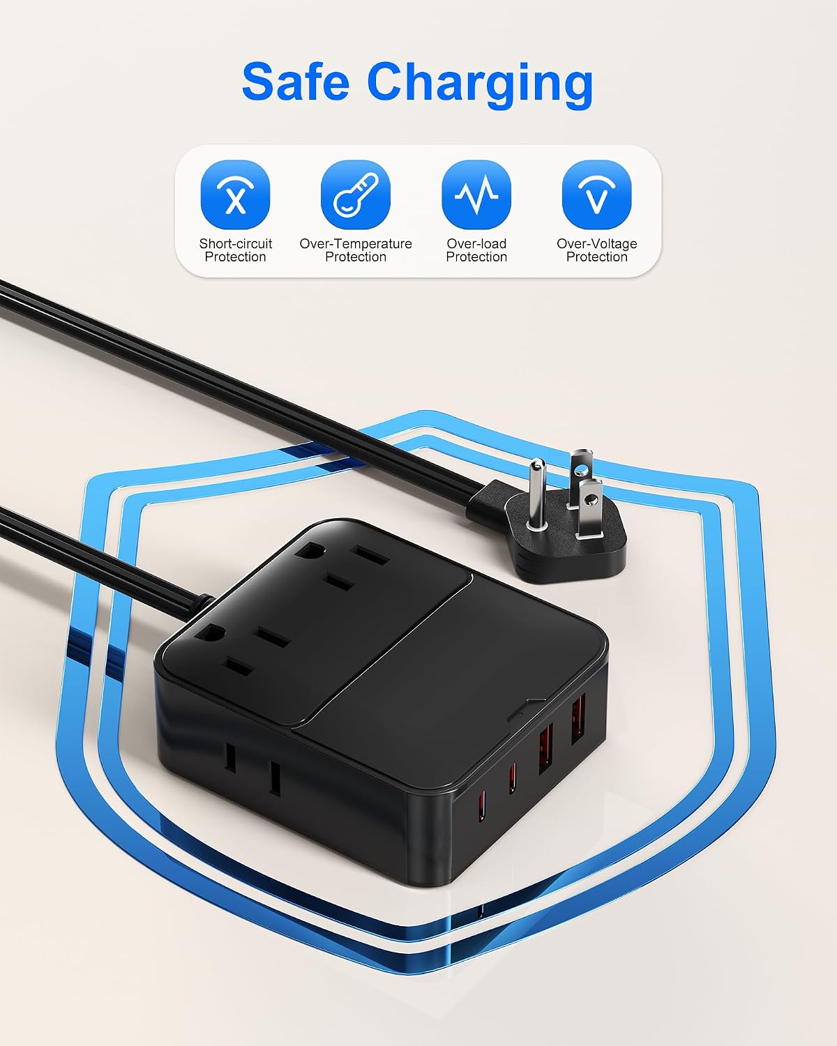 Flat Plug Power Strip with USB Ports - 4 AC & 4 USB Ports (20W), 6Ft Extension Cord with Multiple Outlets, Fast USB Charging Station for Travel Office Dorm Room (Black)