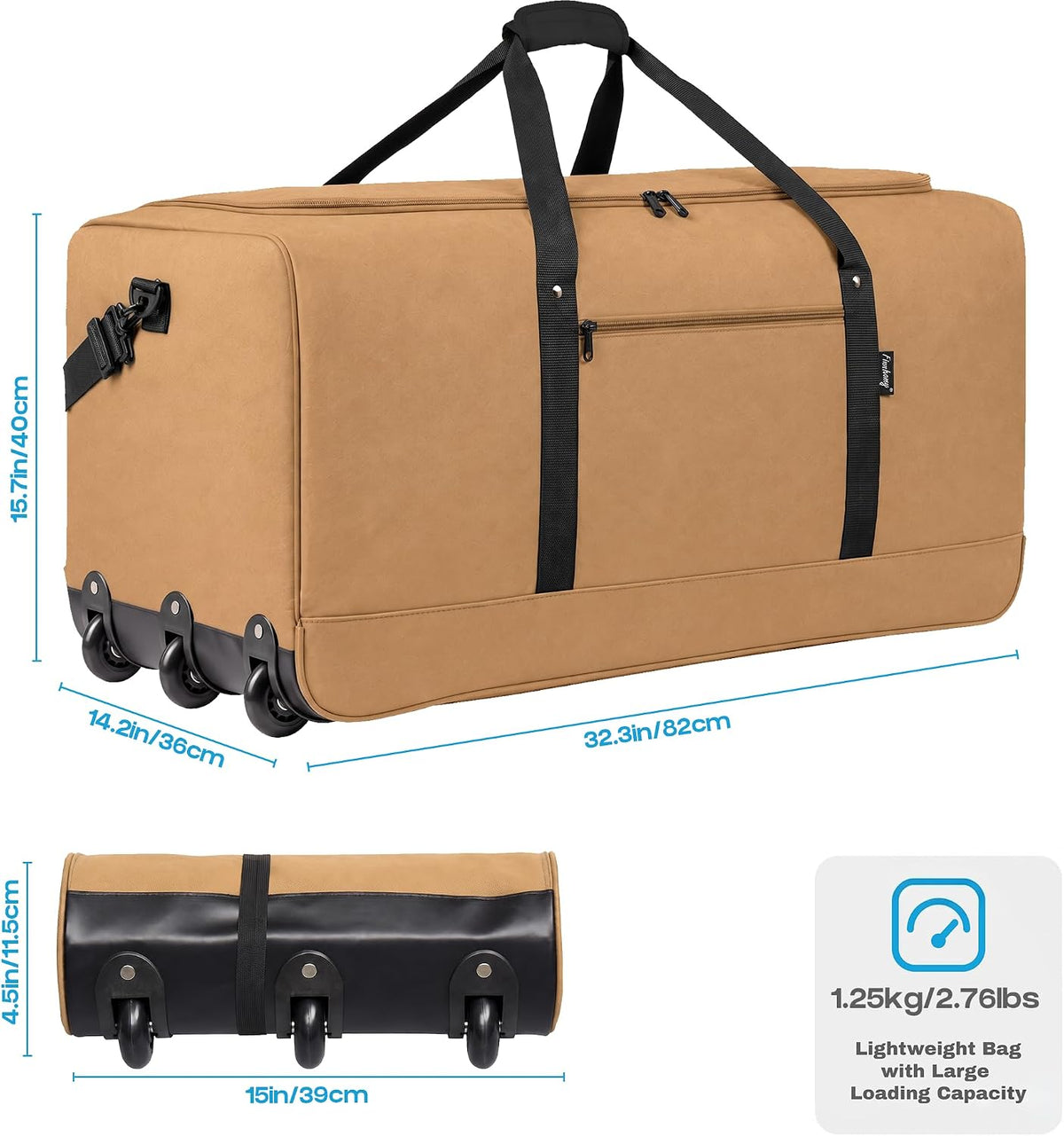 Finnhomy 120L Foldable Rolling Duffel Bag with 3 Wheels, Light Weight Travel Duffel bag with Large Loading Capacity, 32'' Rolling Duffel bag with Shoulder Strap