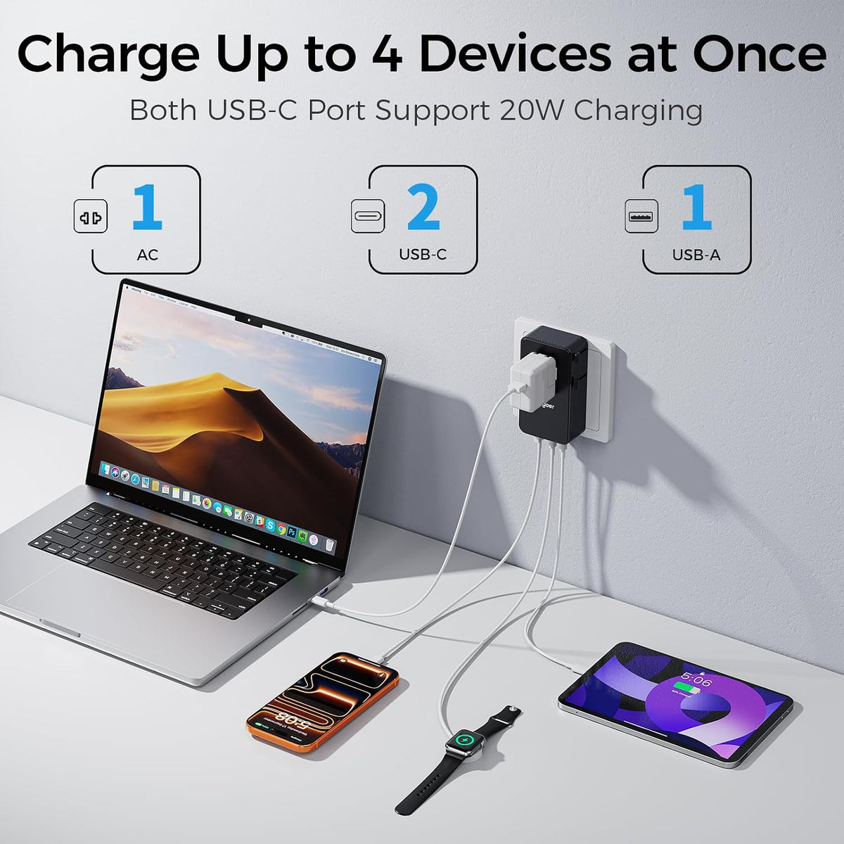 Universal Travel Adapter, International Power Adapter with 1 AC Outlet, 1 USB-A & 2 USB-C Ports, Works in 150+ Countries (US/EU/UK/AU), Not a Voltage Converter