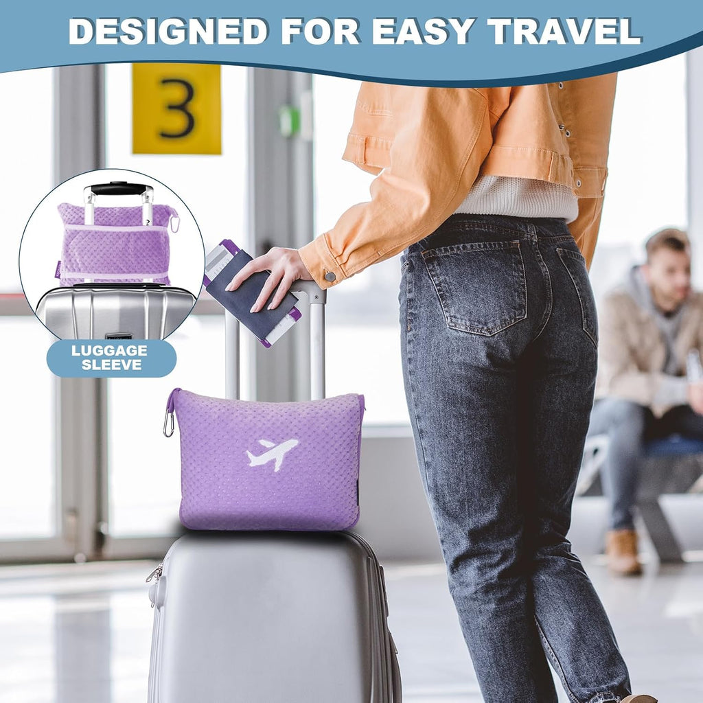3 in 1 Travel Pillow and Blanket Set - 280 GSM Travel Blanket Airplane Compact with Bag, Inflatable Travel Pillow, Packable Airplane Blanket, Luggage Sleeve & Backpack Clip (Light Purple)