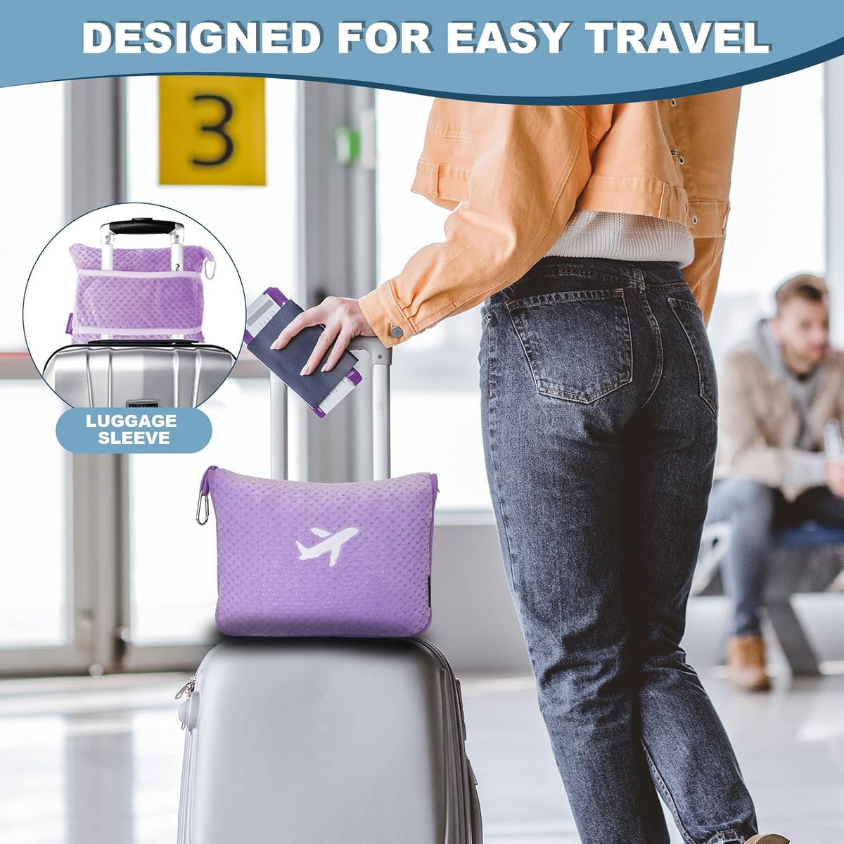 3 in 1 Travel Pillow and Blanket Set - 280 GSM Travel Blanket Airplane Compact with Bag, Inflatable Travel Pillow, Packable Airplane Blanket, Luggage Sleeve & Backpack Clip (Light Purple)