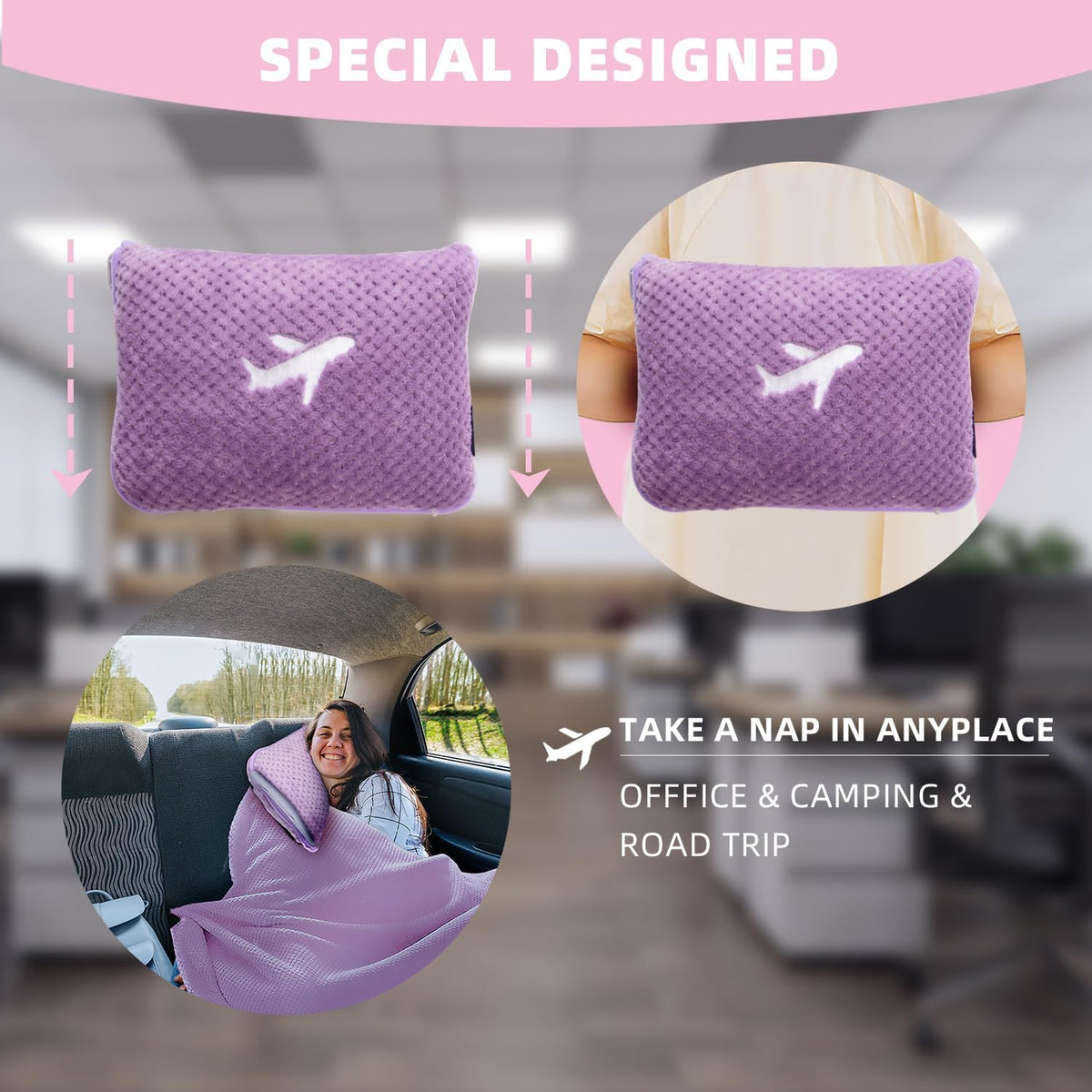 3 in 1 Travel Blanket Pillow Set - 350 GSM Thick Travel Blanket Airplane Compact with Bag, Soft Bag with a Pocket, Inflatable Travel Pillow for Camping & Car Trip (Violet)