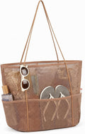 Tan Foldable Mesh Beach Tote for Women, 5‑Pocket Sand‑Proof Travel Bag