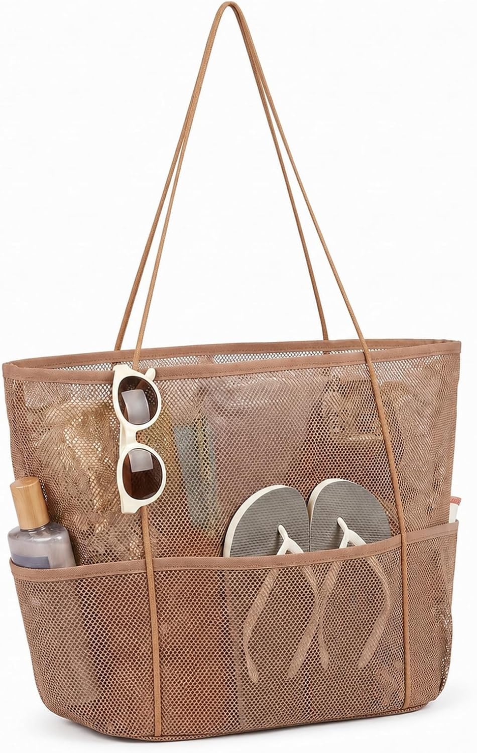 Tan Foldable Mesh Beach Tote for Women, 5‑Pocket Sand‑Proof Travel Bag