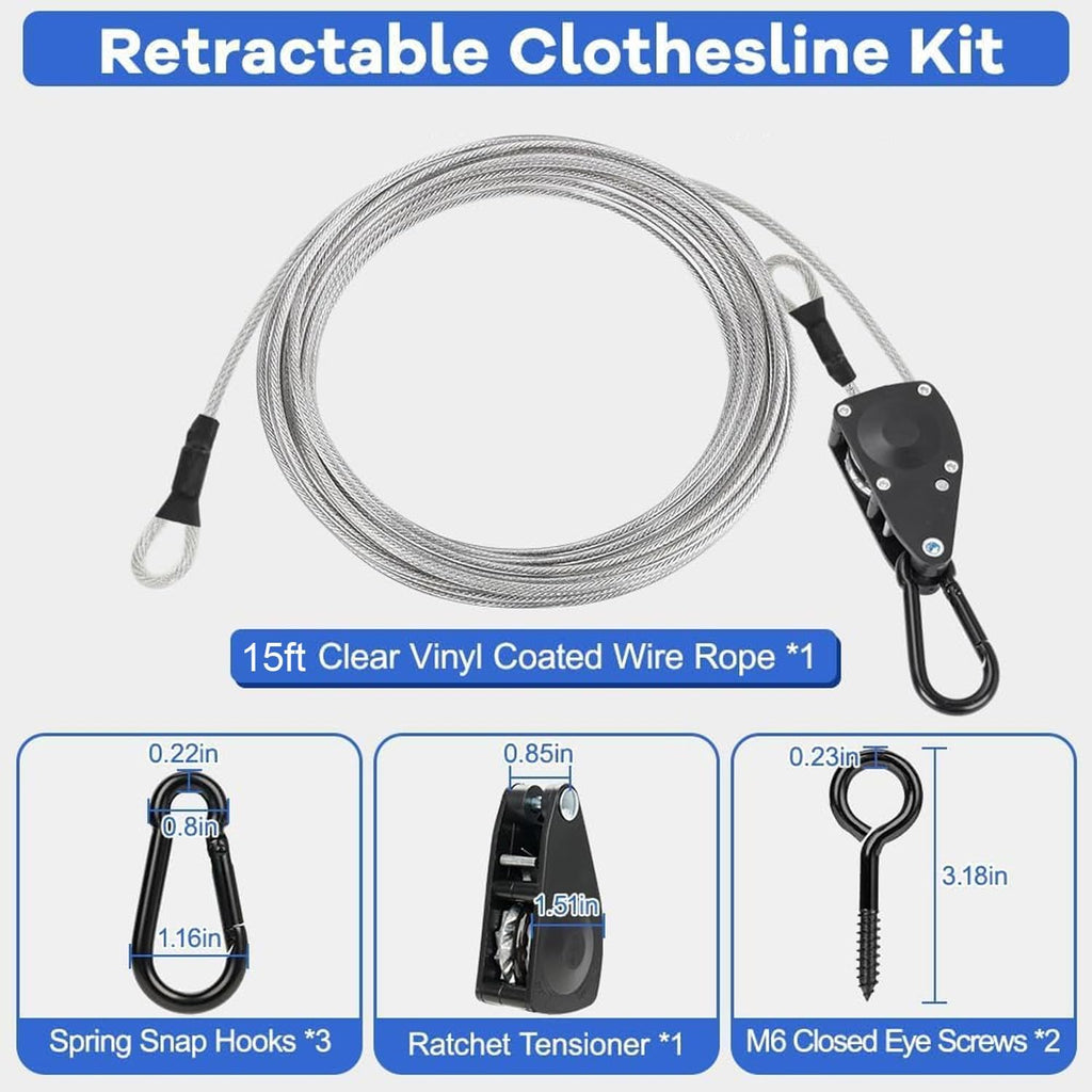 TooTaci Outdoor Clothesline Kit with Self-Locking Pulley, 15FT 3/16" Cable
