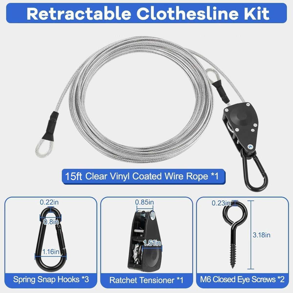 TooTaci Outdoor Clothesline Kit with Self-Locking Pulley, 15FT 3/16" Cable