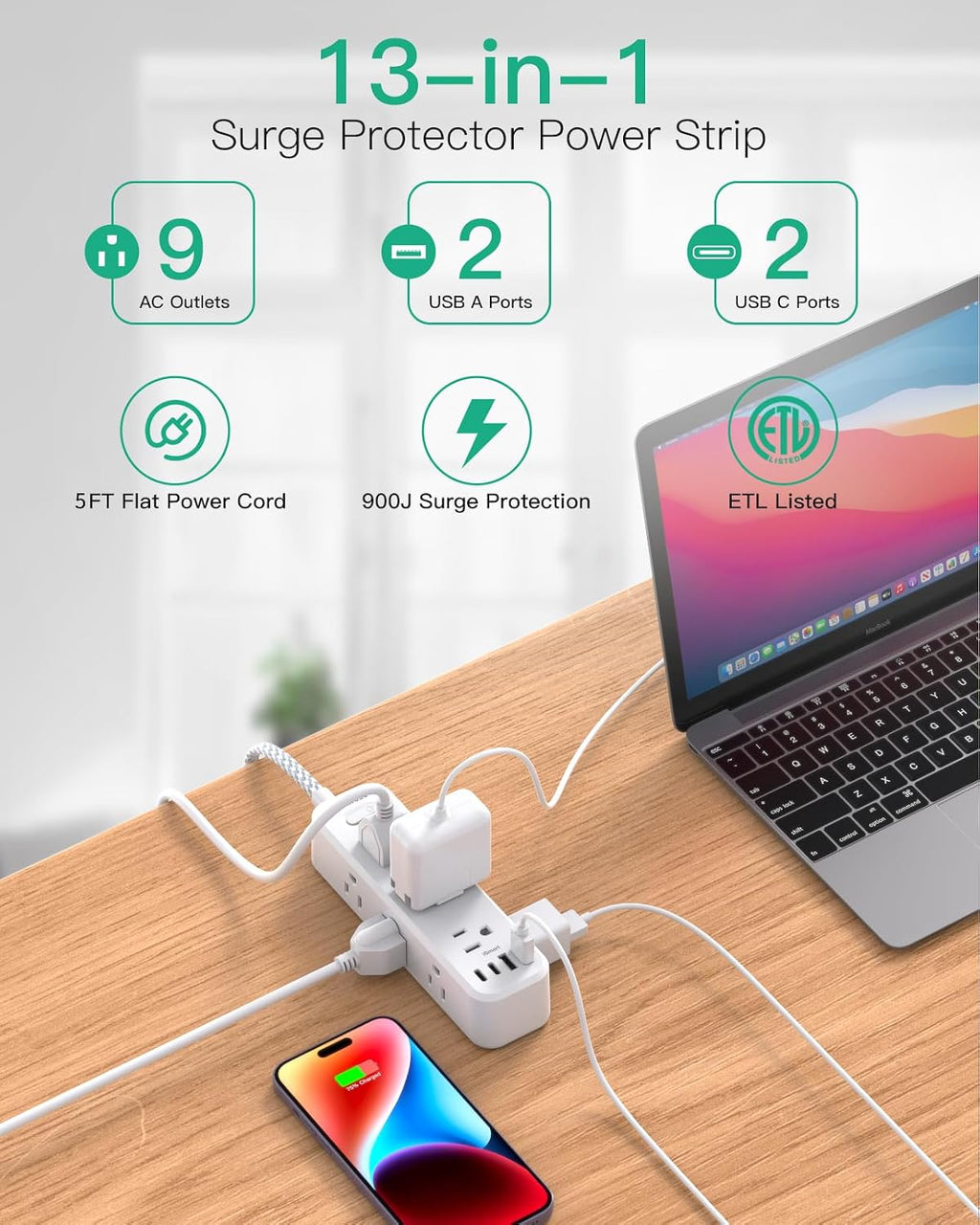 Mifaso Extension Cord, Surge Protector Power Strip, Long Power Strip with 9 Outlets 4 USB Ports, Extension Cord with Multiple Outlets, USB Power Strip for Dorm Room Essentials, College(5FT, White)