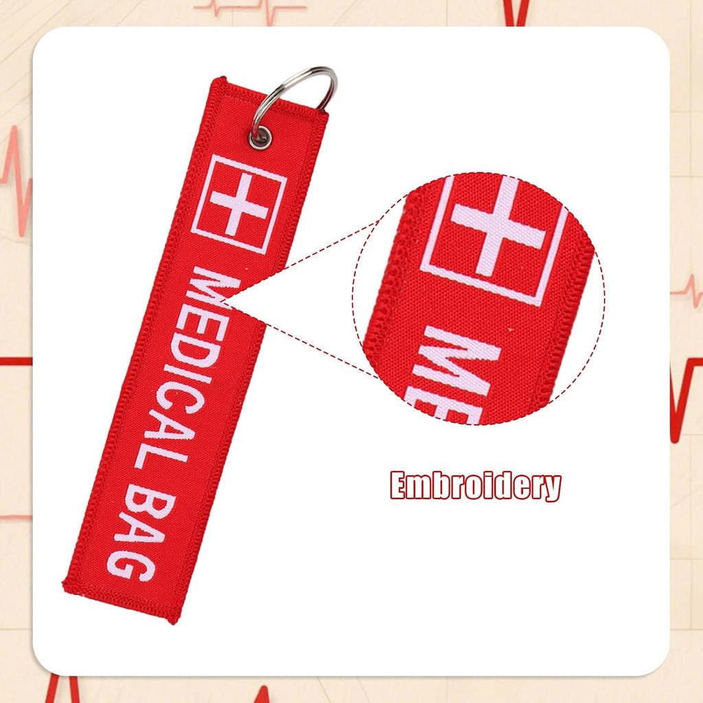 BOXOB 2pcs Medical Alert Tags for Bag, Double-Sided Medic Equipment Device Luggage ID Tag Durable Red Keychain for Backpack Luggage