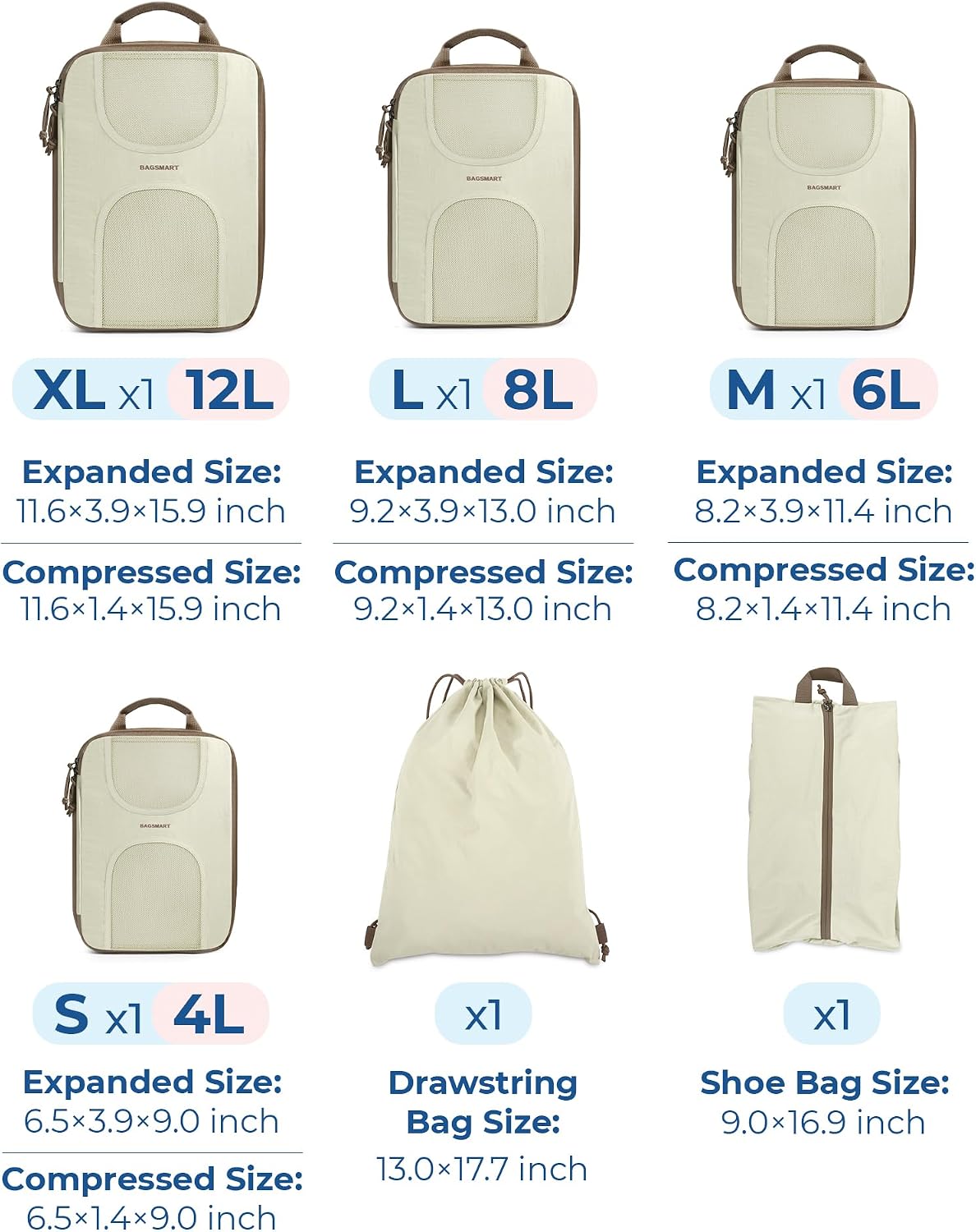 BAGSMART 6 Set Compression Packing Cubes, Travel Luggage Organizer Bags