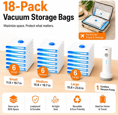 18 Pack Vacuum Bags for Travel with Rechargeable Pump, Save Luggage Space