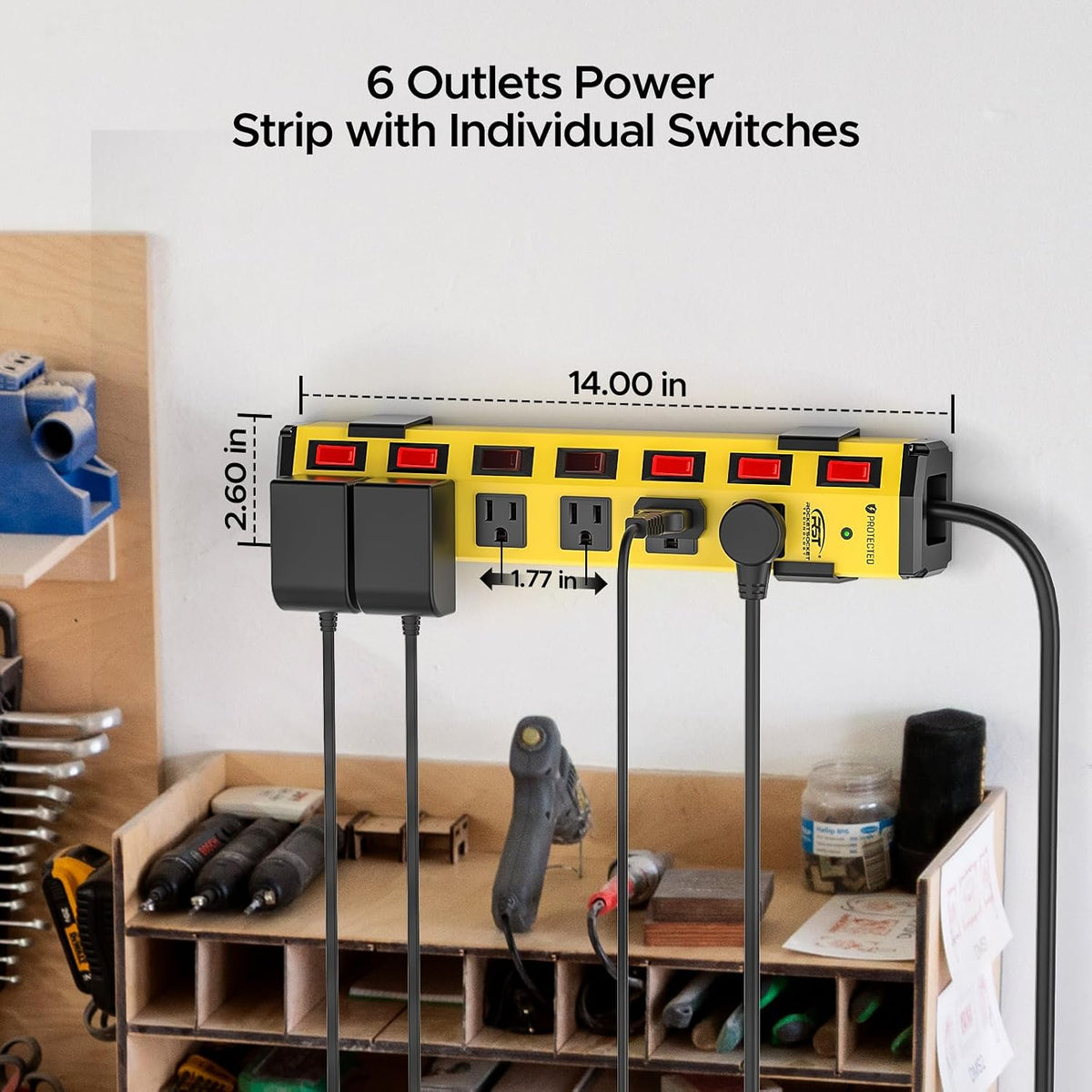CRST 6-Outlet Metal Power Strip with Individual Switches 15A/1875W, 10FT